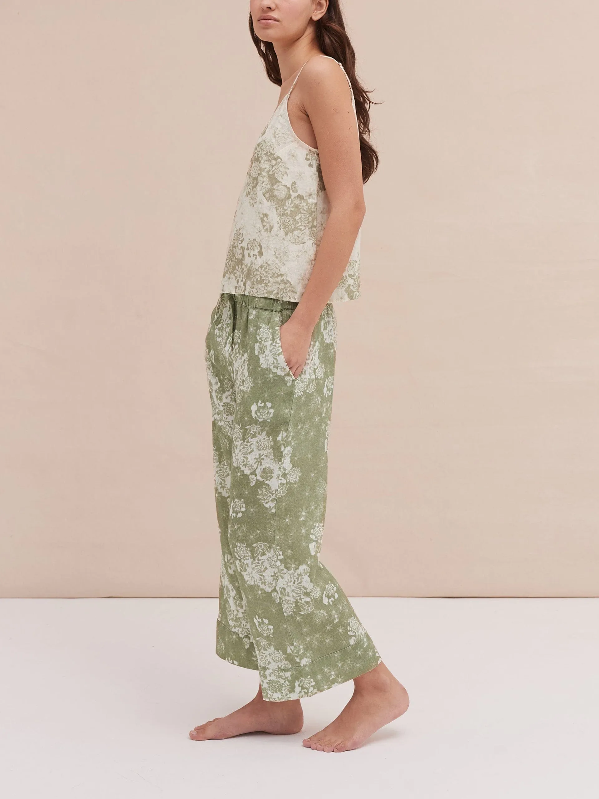 Flowers Of Time print sage green linen cami & wide leg set