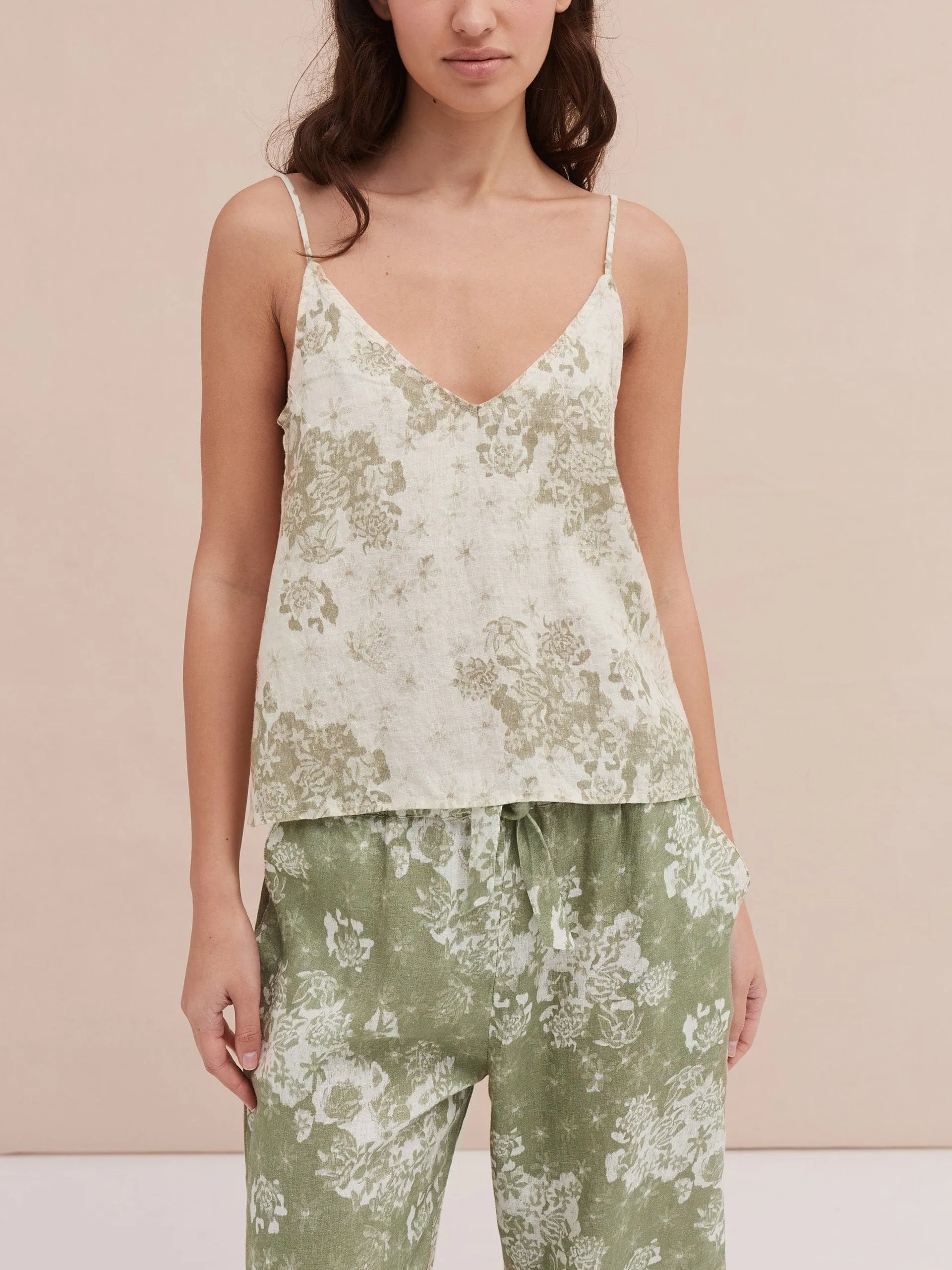 Flowers Of Time print sage green linen cami & wide leg set