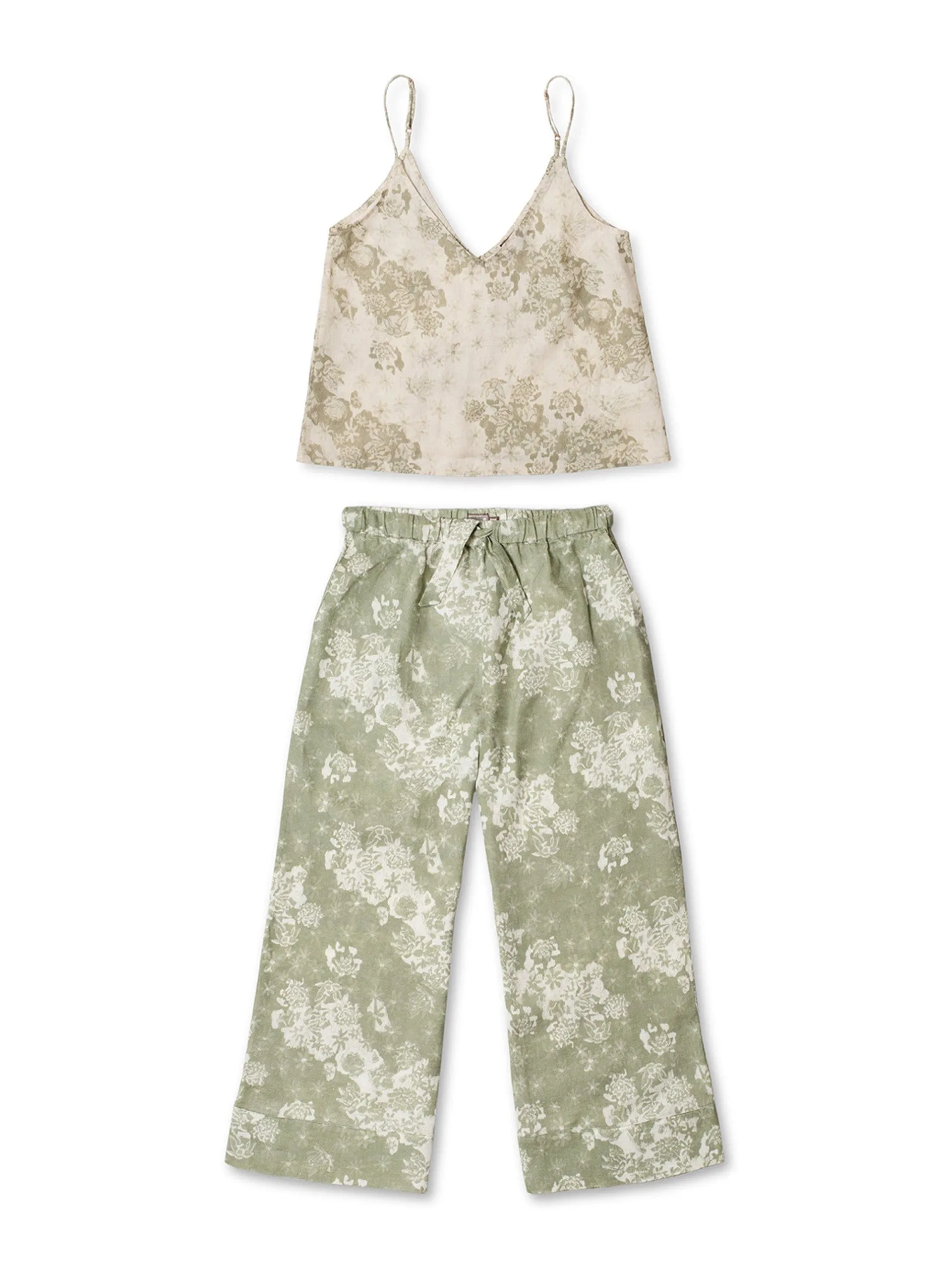 Flowers Of Time print sage green linen cami & wide leg set