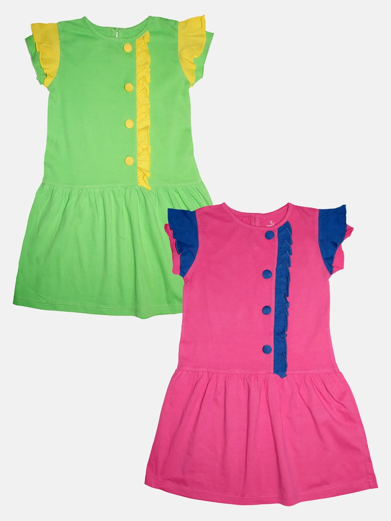 Girls Cotton Jersey Frill Sleeves Dress Pack of 2