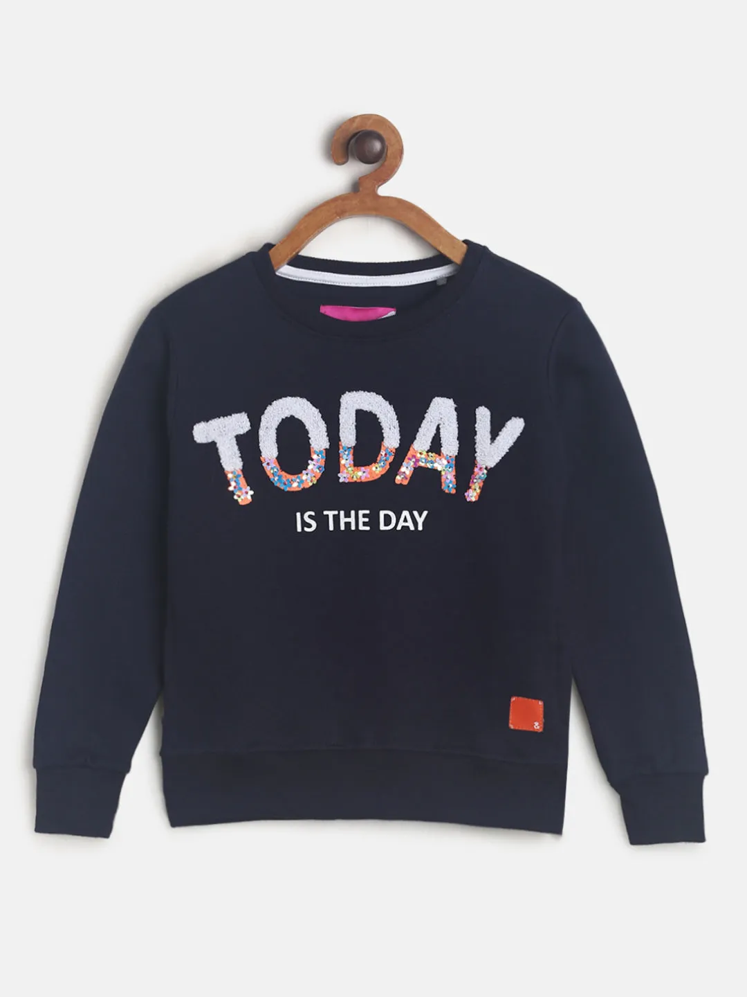 Girls Navy Blue Printed Cotton Sweatshirt