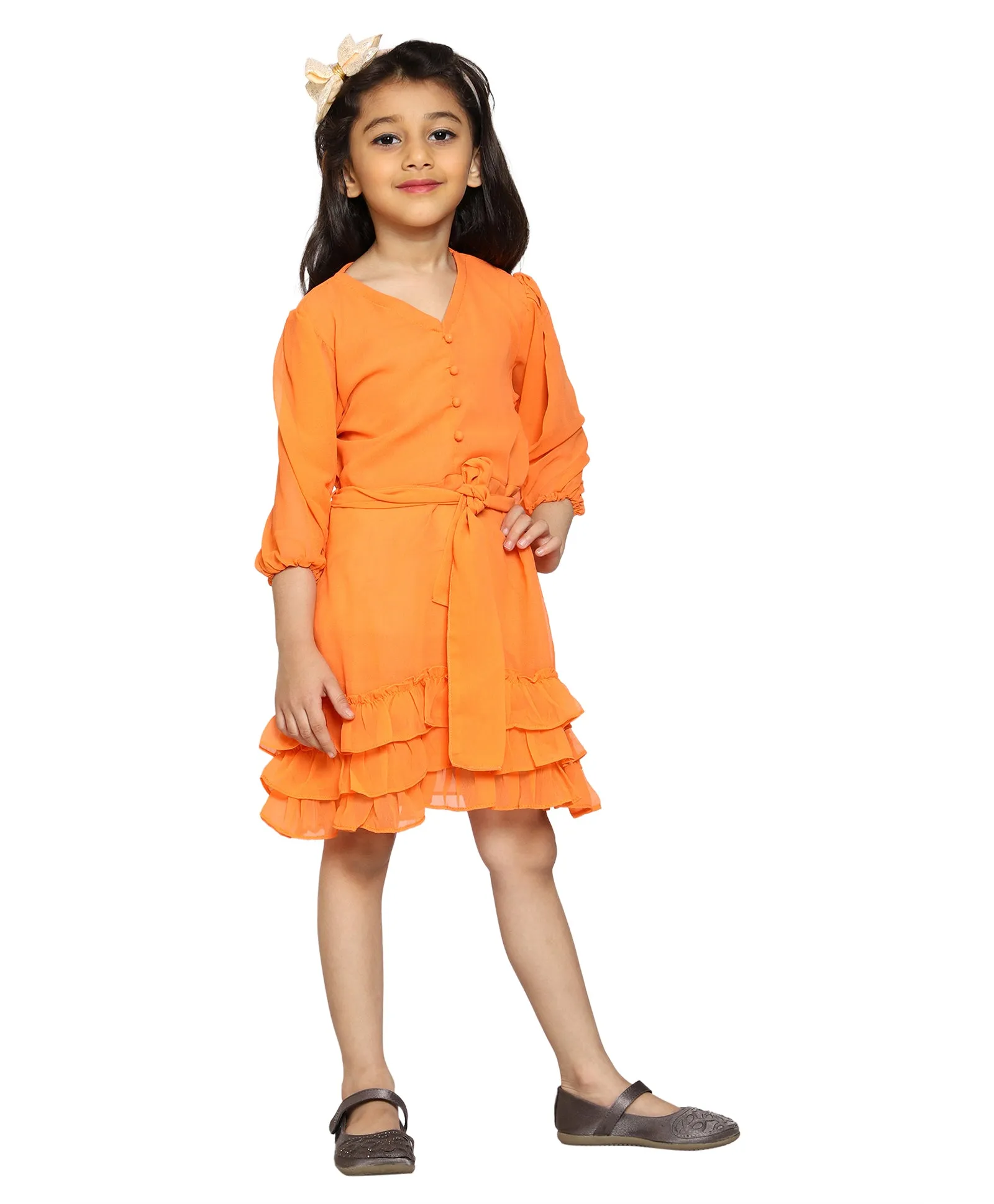 Girls V Neck Ruffle Dress