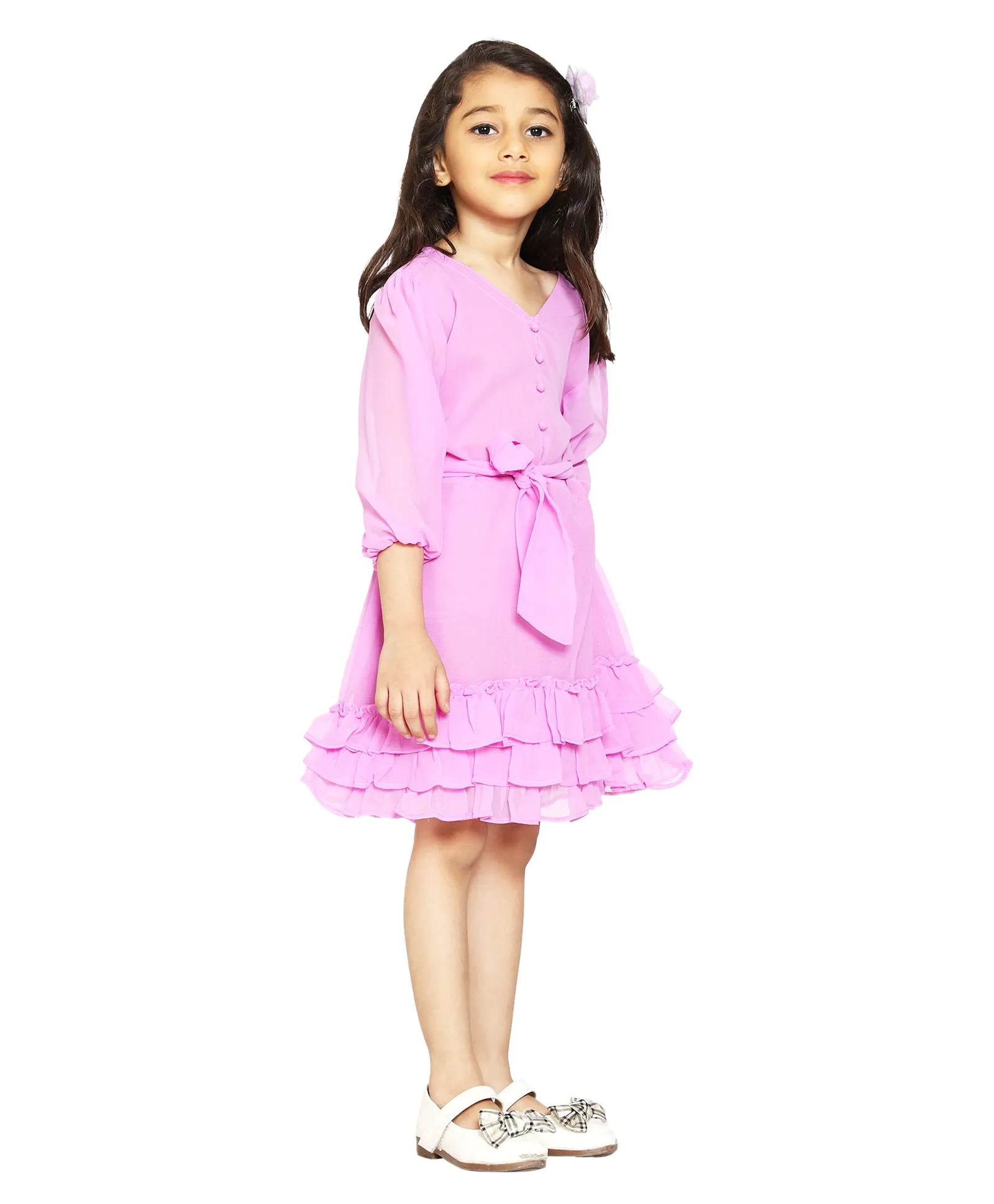 Girls V Neck Ruffle Dress