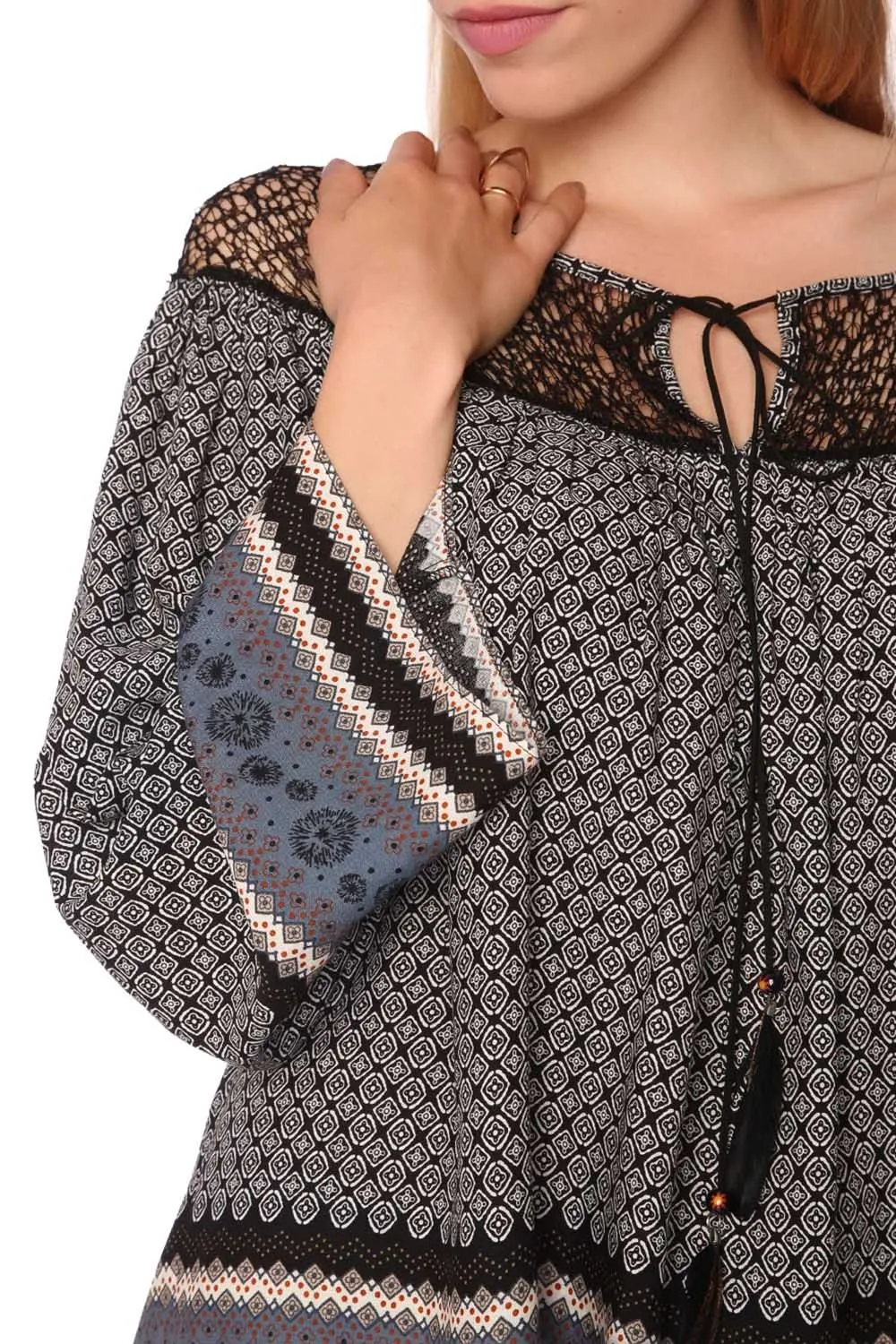 Gray paisley print blouse with cage detail