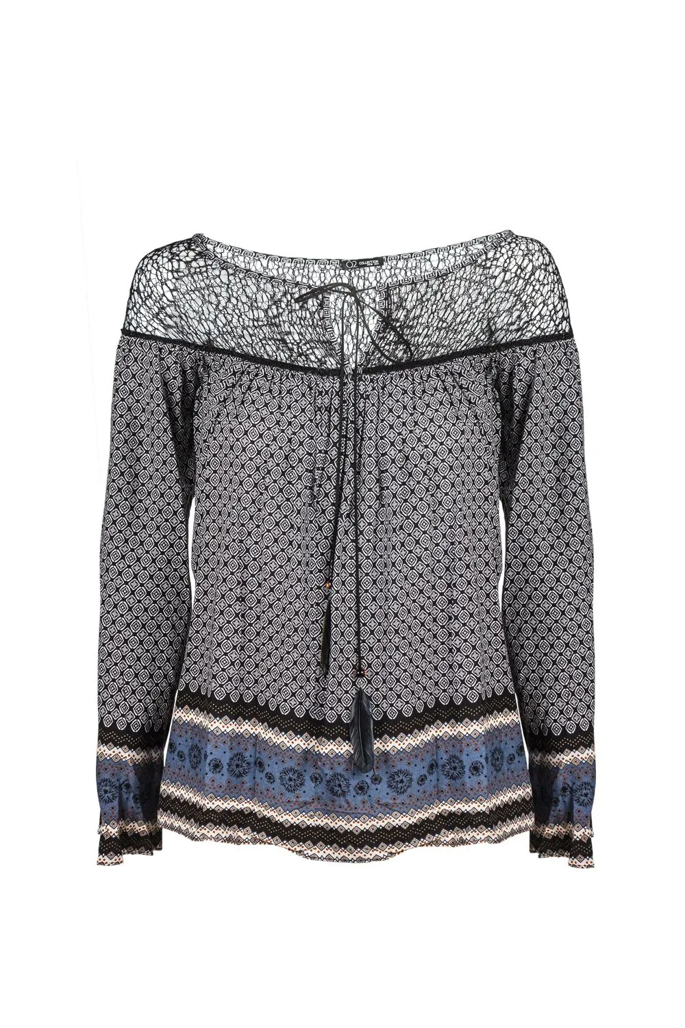 Gray paisley print blouse with cage detail