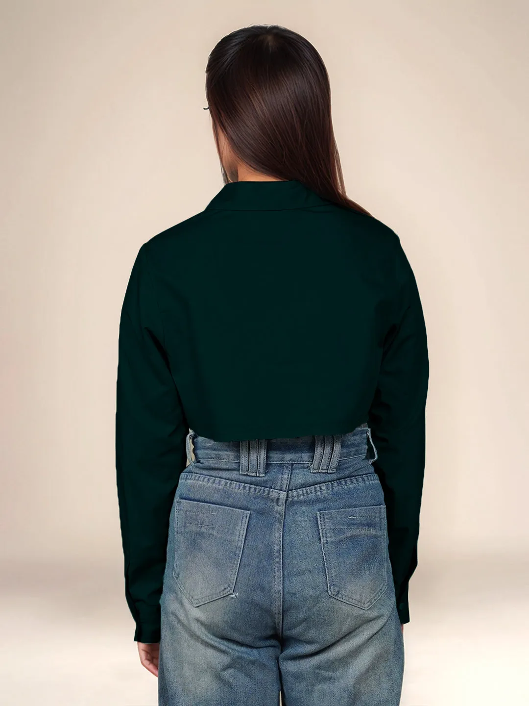 Green Solid Relaxed Fit Crop Shirt