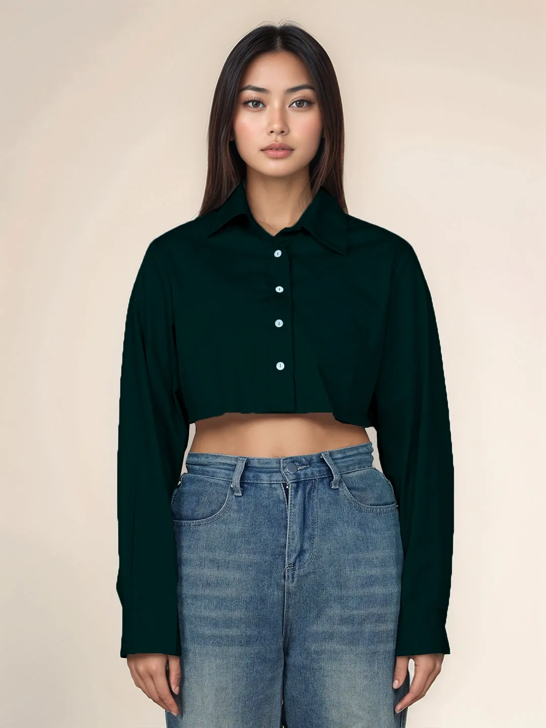 Green Solid Relaxed Fit Crop Shirt