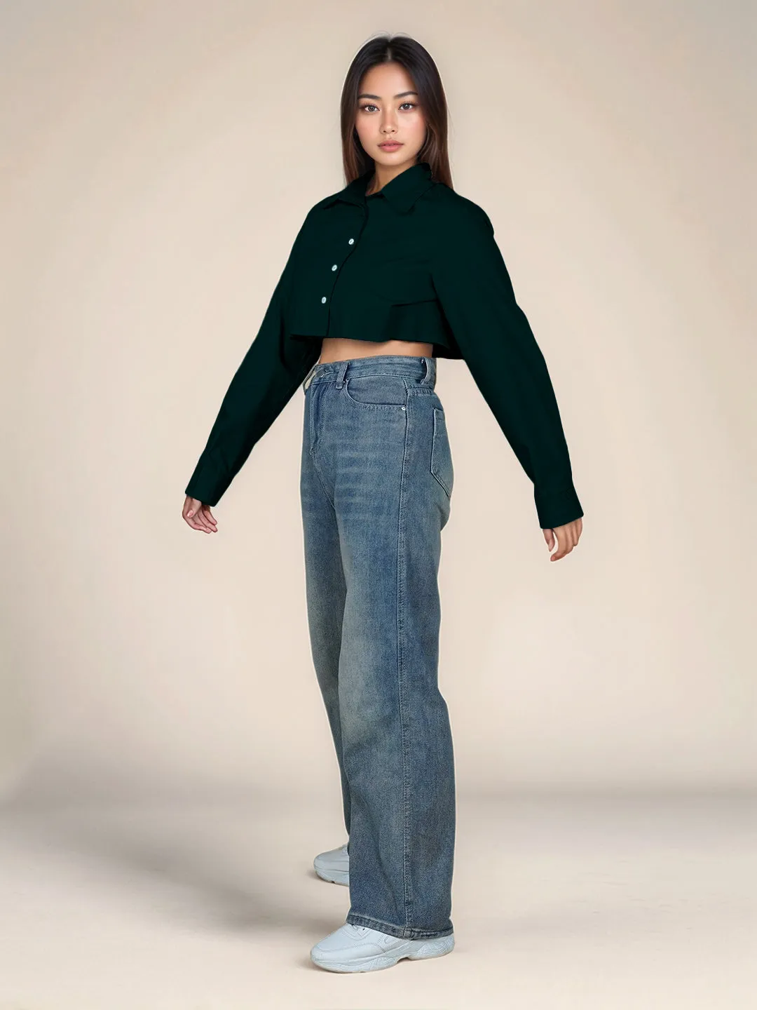 Green Solid Relaxed Fit Crop Shirt