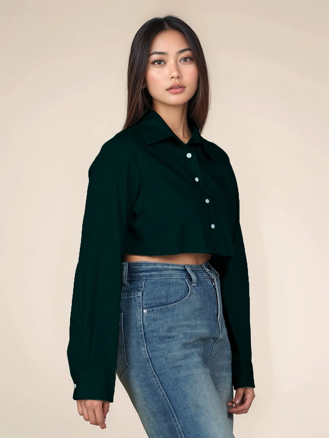 Green Solid Relaxed Fit Crop Shirt