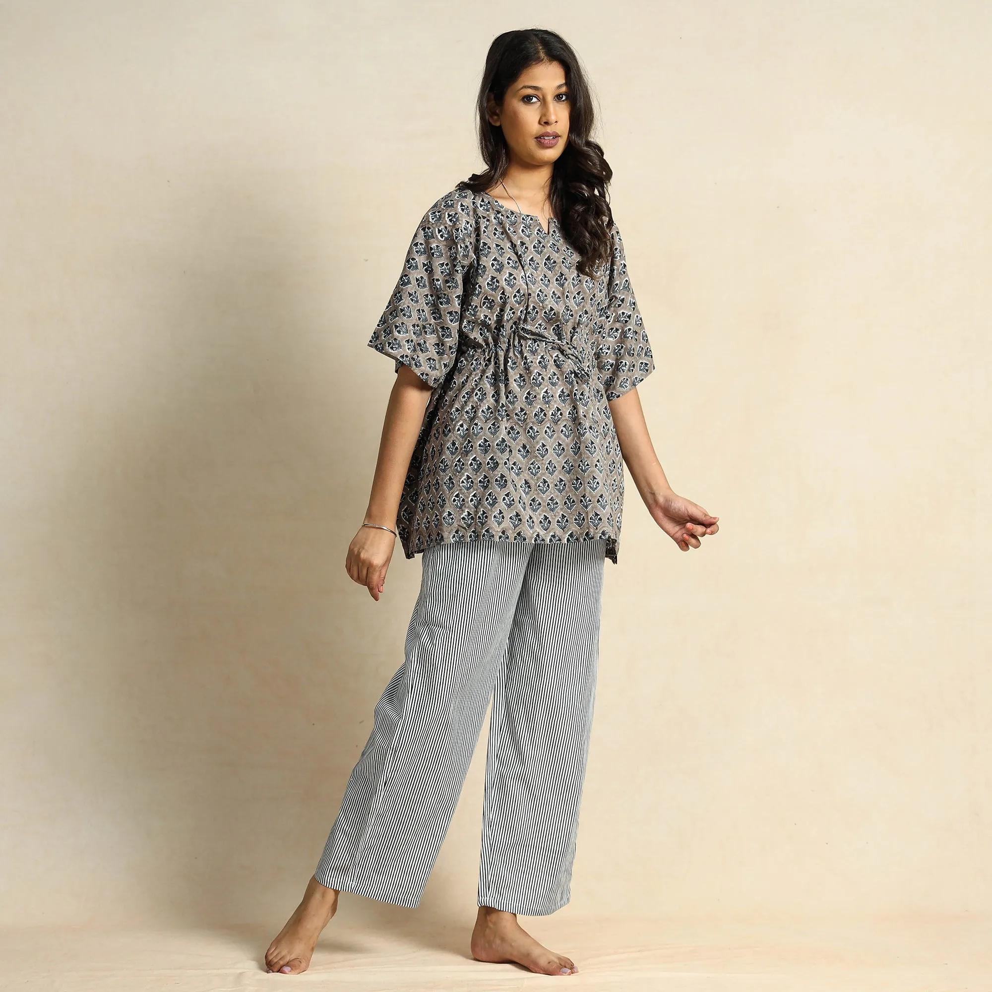 Grey - Hand Block Printed Cotton Kaftan & Pyjama Night Suit Set