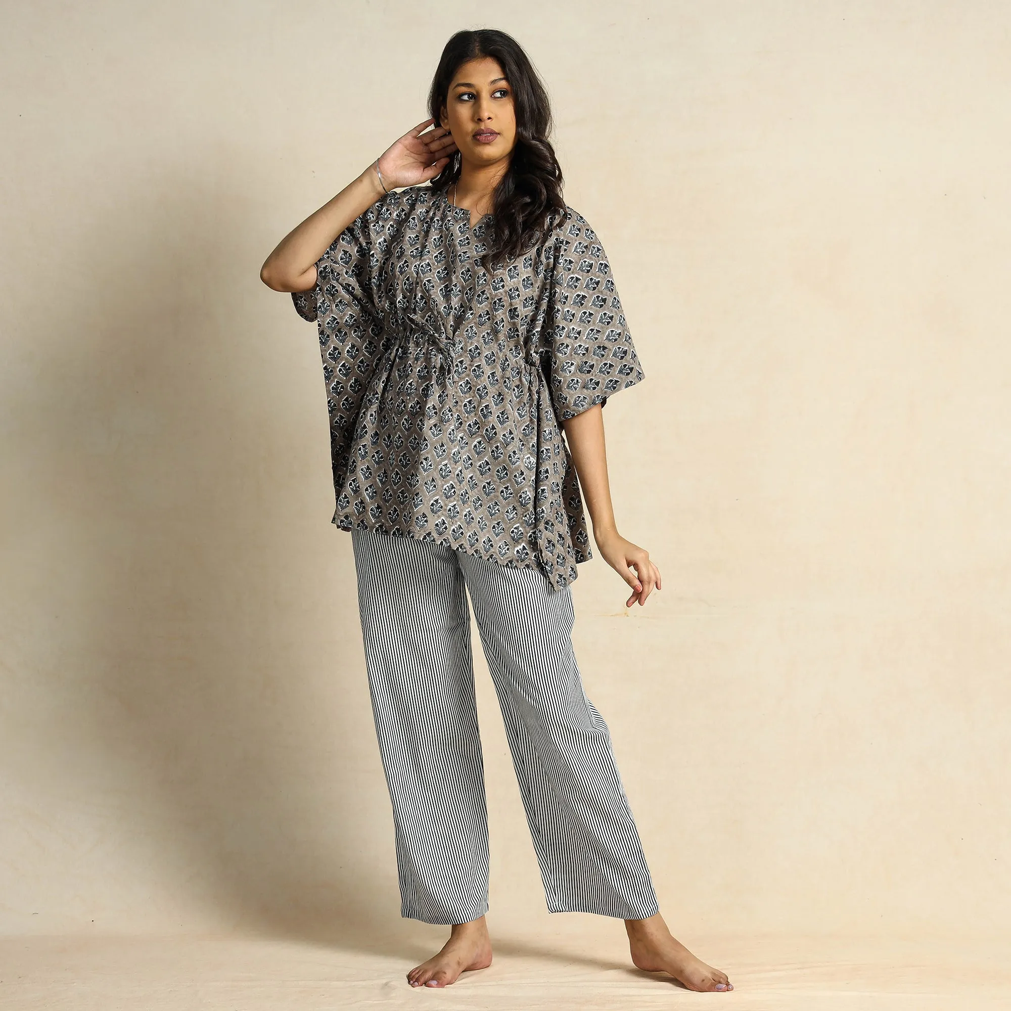 Grey - Hand Block Printed Cotton Kaftan & Pyjama Night Suit Set