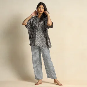 Grey - Hand Block Printed Cotton Kaftan & Pyjama Night Suit Set