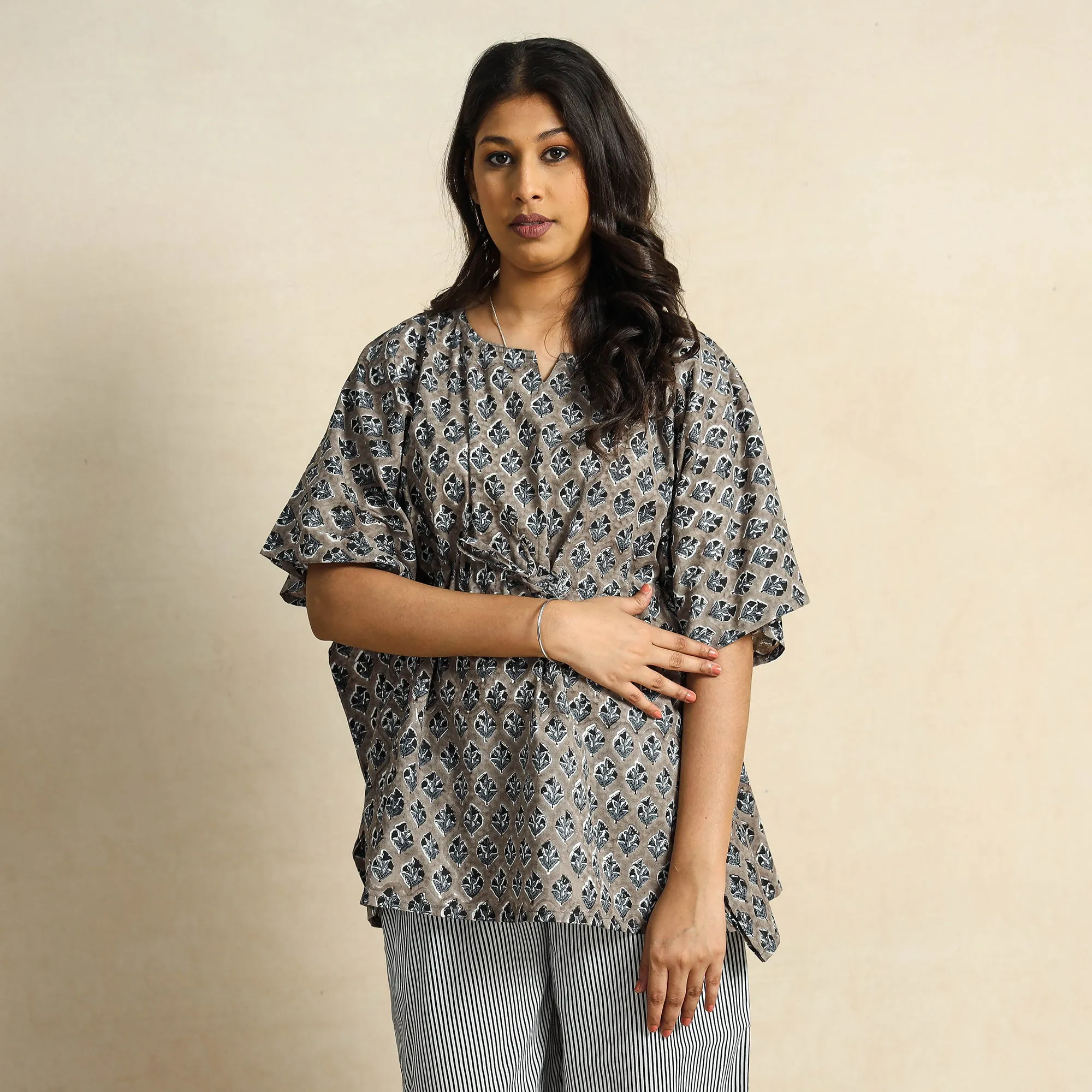 Grey - Hand Block Printed Cotton Kaftan & Pyjama Night Suit Set