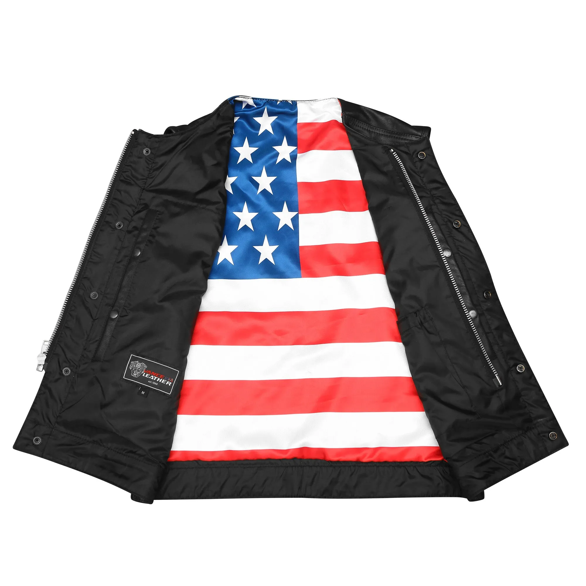 HMM929 High Mileage Men's Zipper and Snap Closure Collarless Leather Club Vest with American Flag Liner