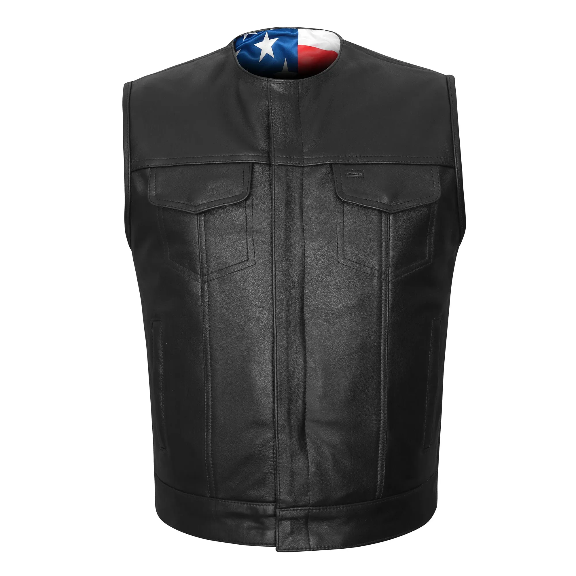 HMM929 High Mileage Men's Zipper and Snap Closure Collarless Leather Club Vest with American Flag Liner