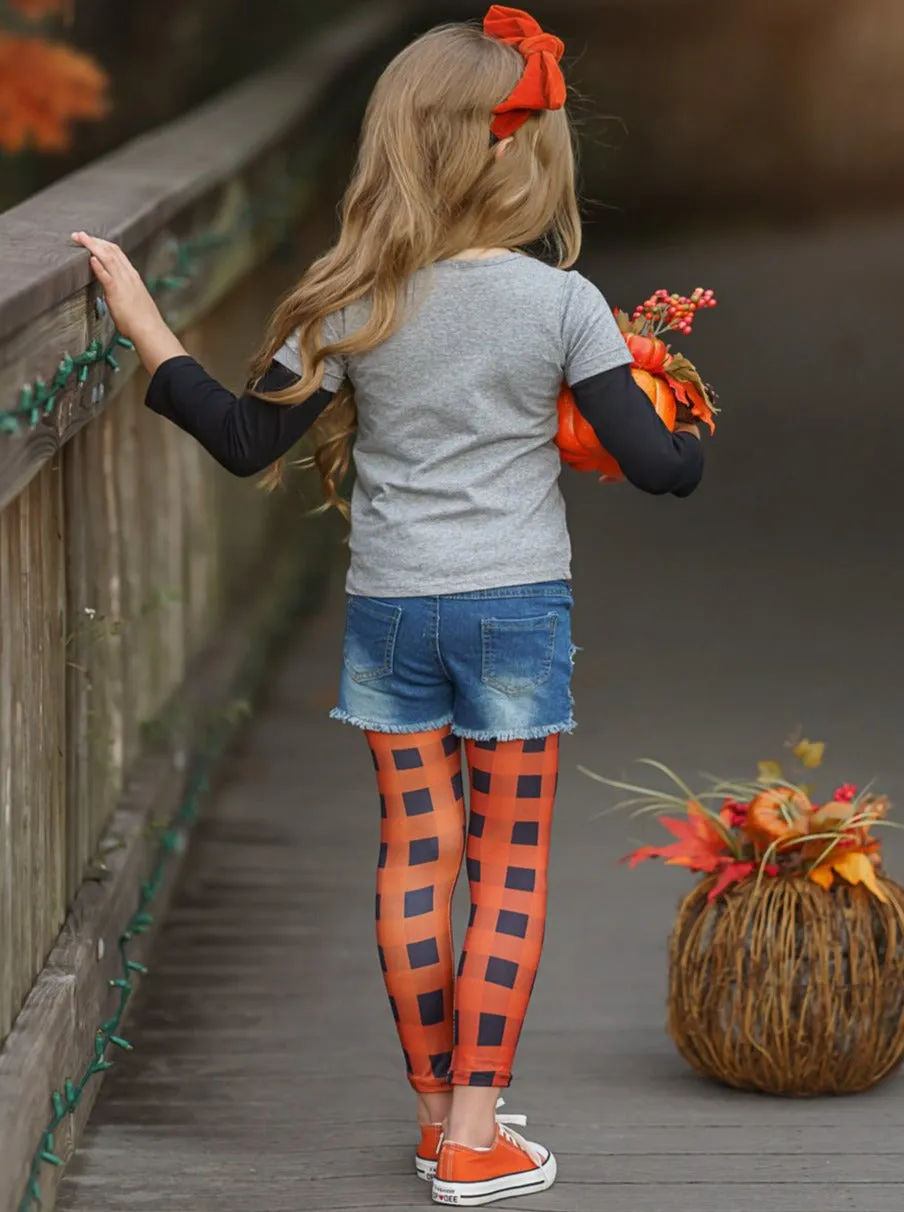 Hocus Pocus Top, Patched Denim Shorts and Plaid Legging Set