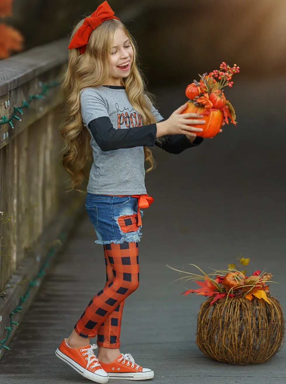 Hocus Pocus Top, Patched Denim Shorts and Plaid Legging Set