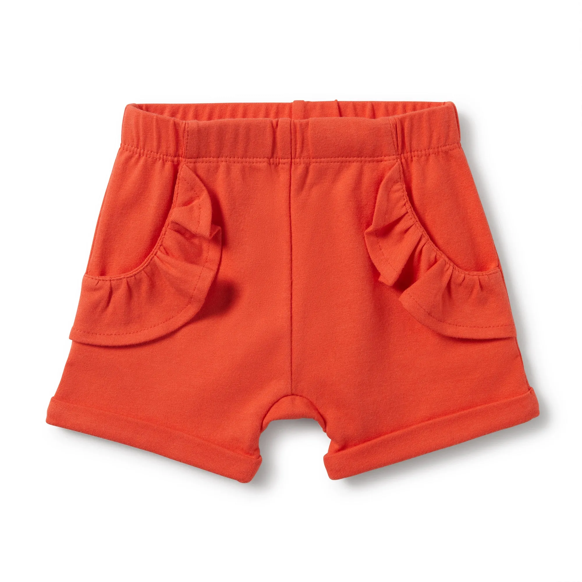 HOT CORAL RUFFLE POCKET SHORTS