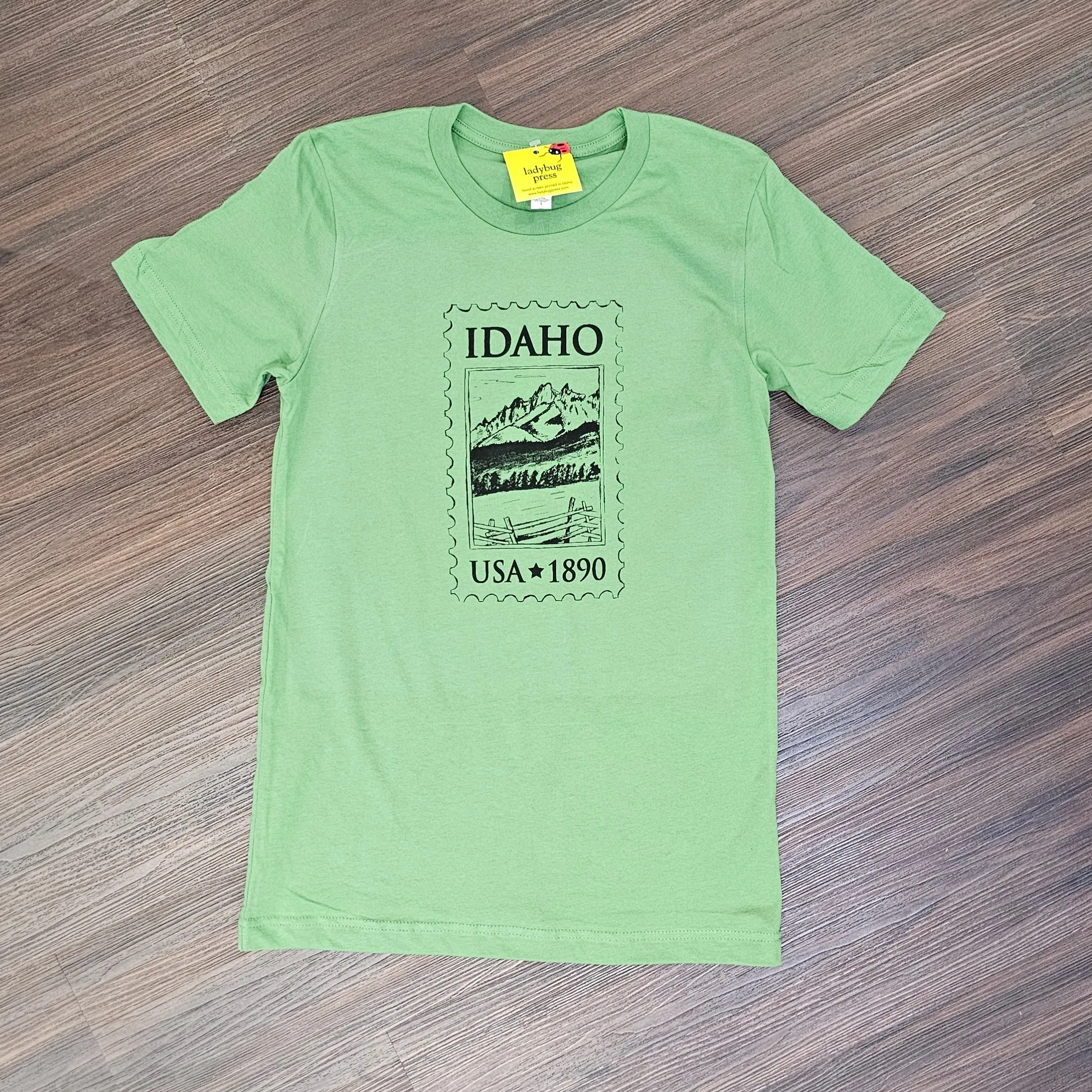 Idaho Stamp Green T-shirt, Adult Sizes, Eco Friendly Waterbased Inks