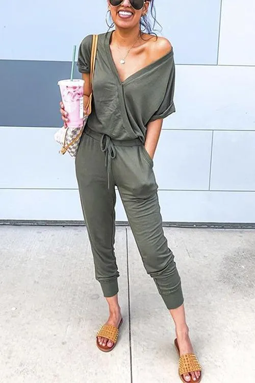 iForgirls V Neck Short Sleeve Tie Waist Solid Jumpsuit