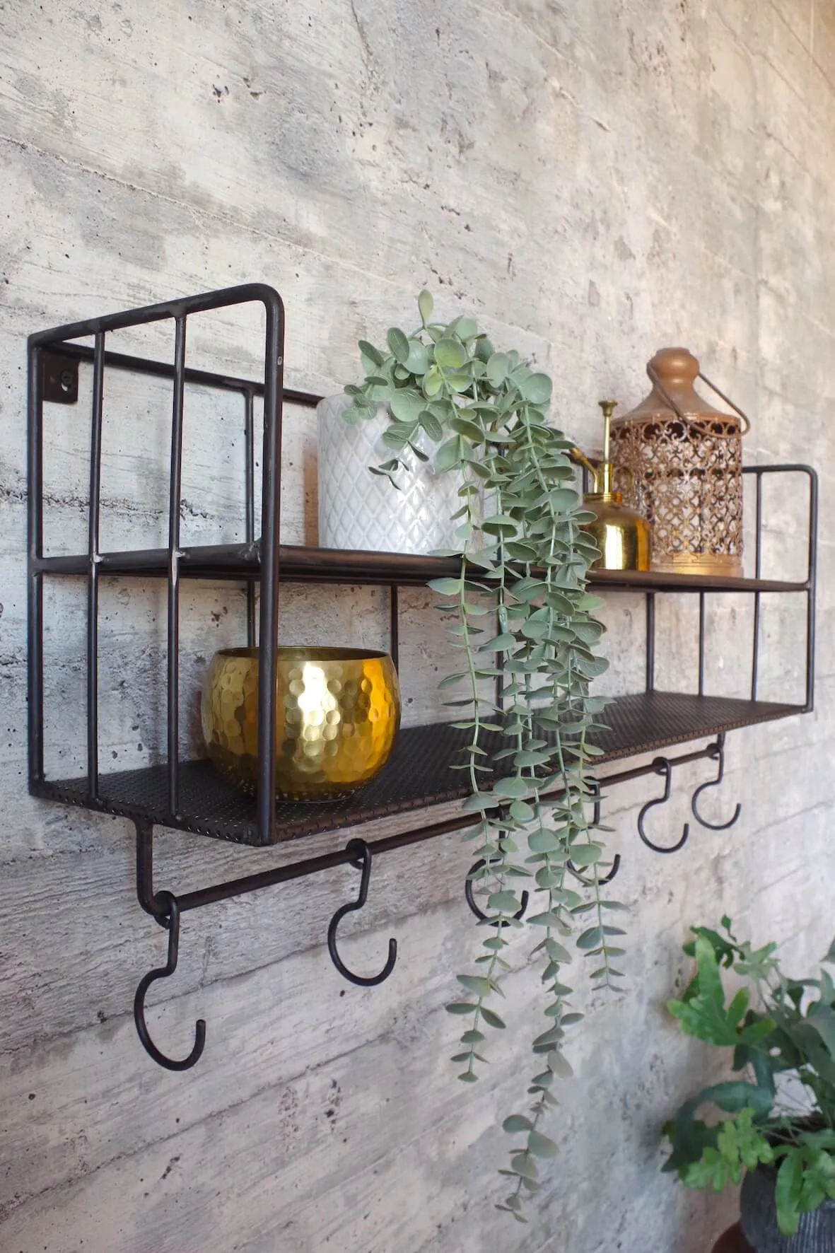 Industrial Wall Shelf with Hooks - Distressed