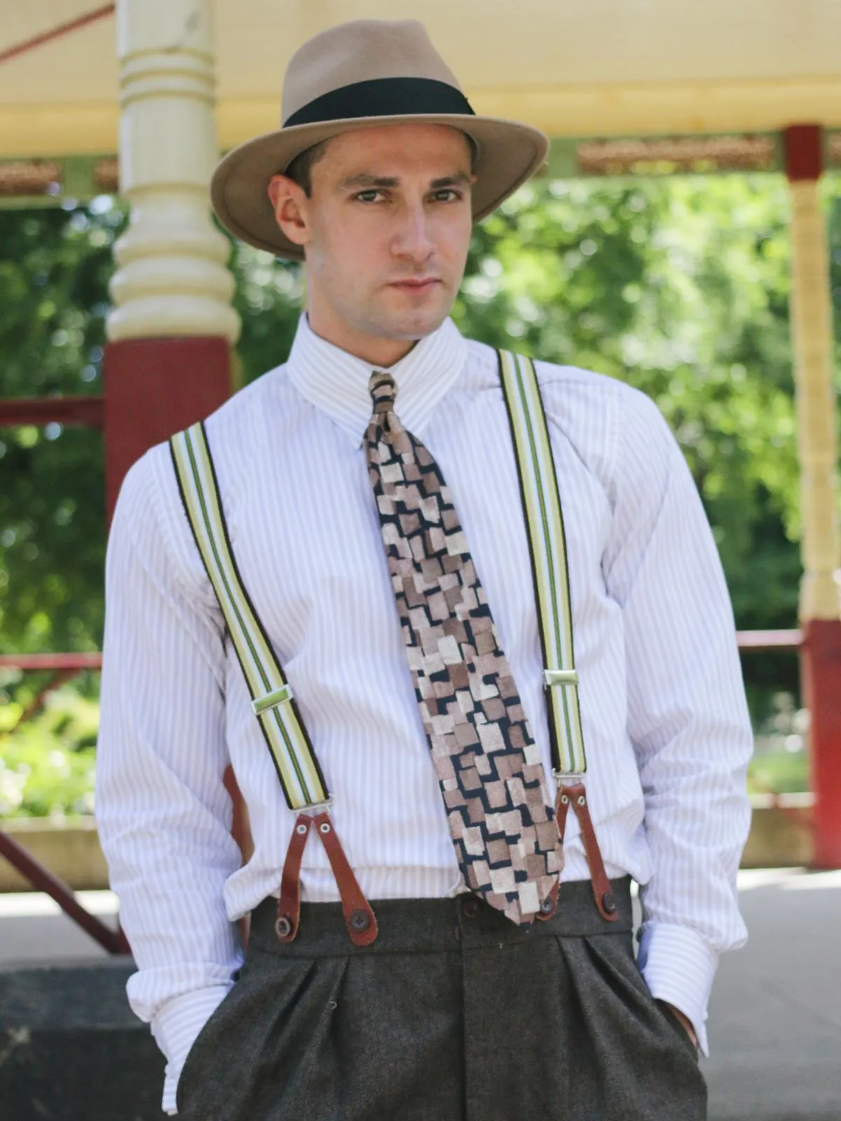 Maroon Border Stripe 1940s Style Braces with Leather Loops