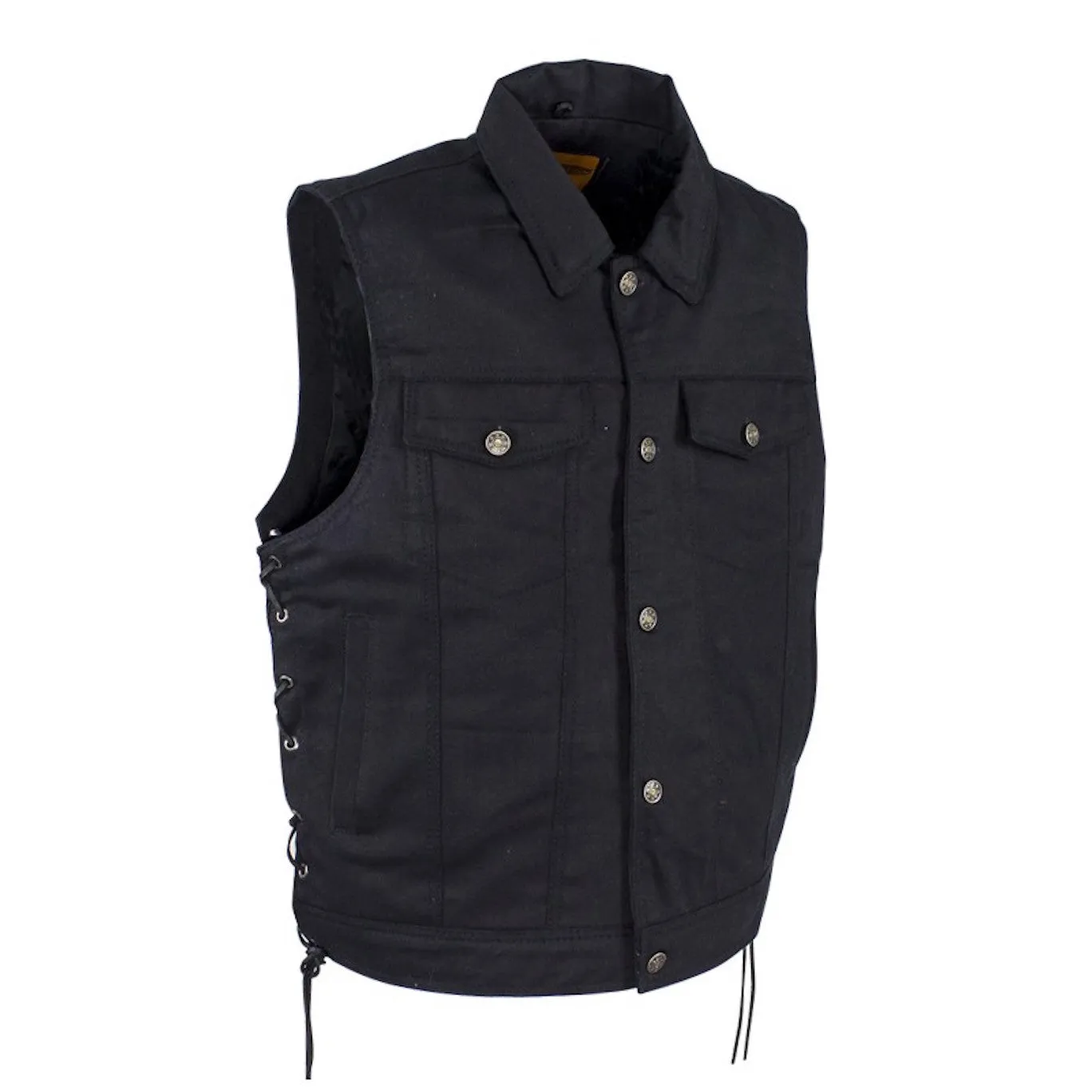 Mens Black Denim Motorcycle Vest Fold Down Collar Side Laces