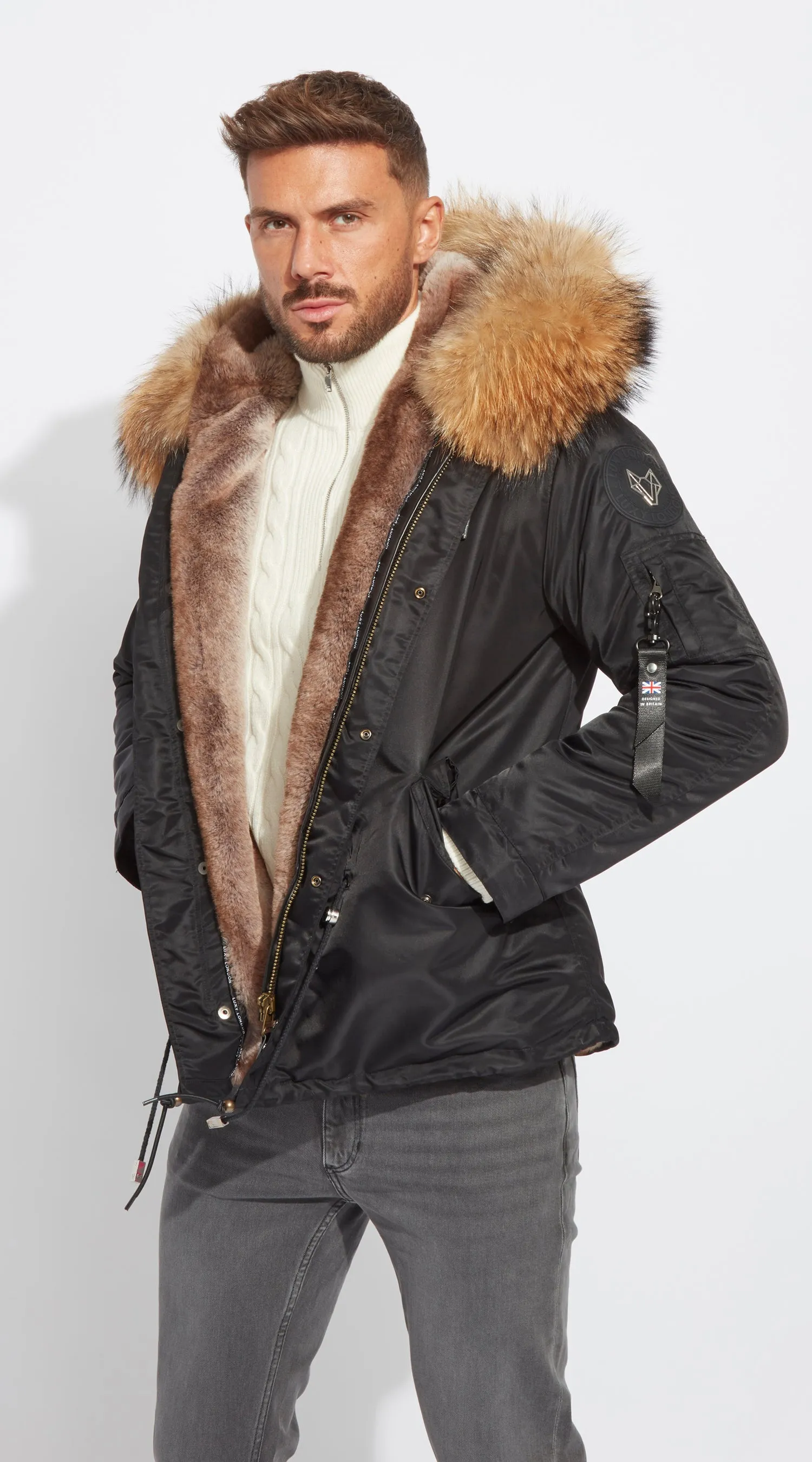 Mens Black Water-Repellent Luxy Fur Parka - Natural