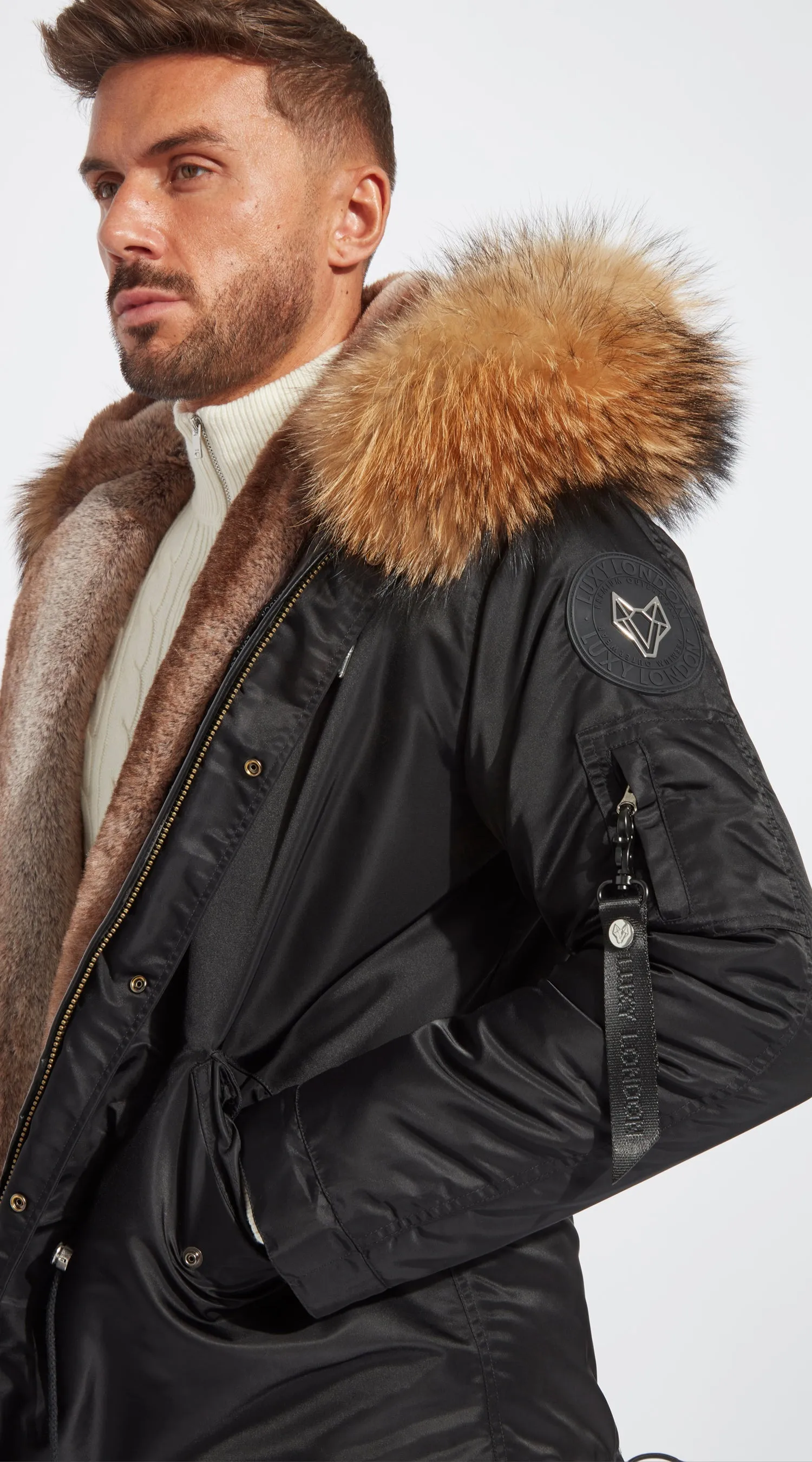 Mens Black Water-Repellent Luxy Fur Parka - Natural