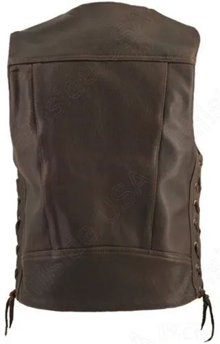 Men's Made in USA Black or Brown Naked Leather Buffalo Nickel Cruising Biker Vest Gun Concealment Pockets