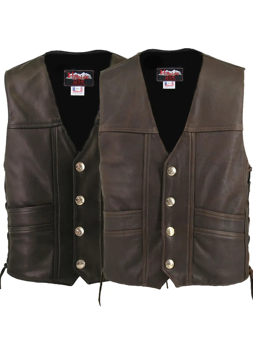 Men's Made in USA Black or Brown Naked Leather Buffalo Nickel Cruising Biker Vest Gun Concealment Pockets