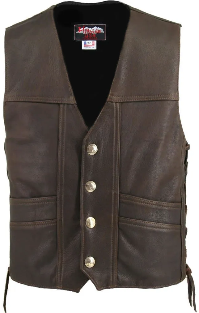 Men's Made in USA Black or Brown Naked Leather Buffalo Nickel Cruising Biker Vest Gun Concealment Pockets