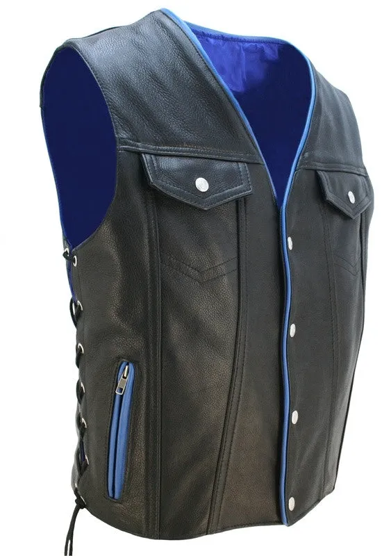 Men's Made in USA Naked Leather Motorcycle Vest Blue Trim Leather Lined Gun Pockets