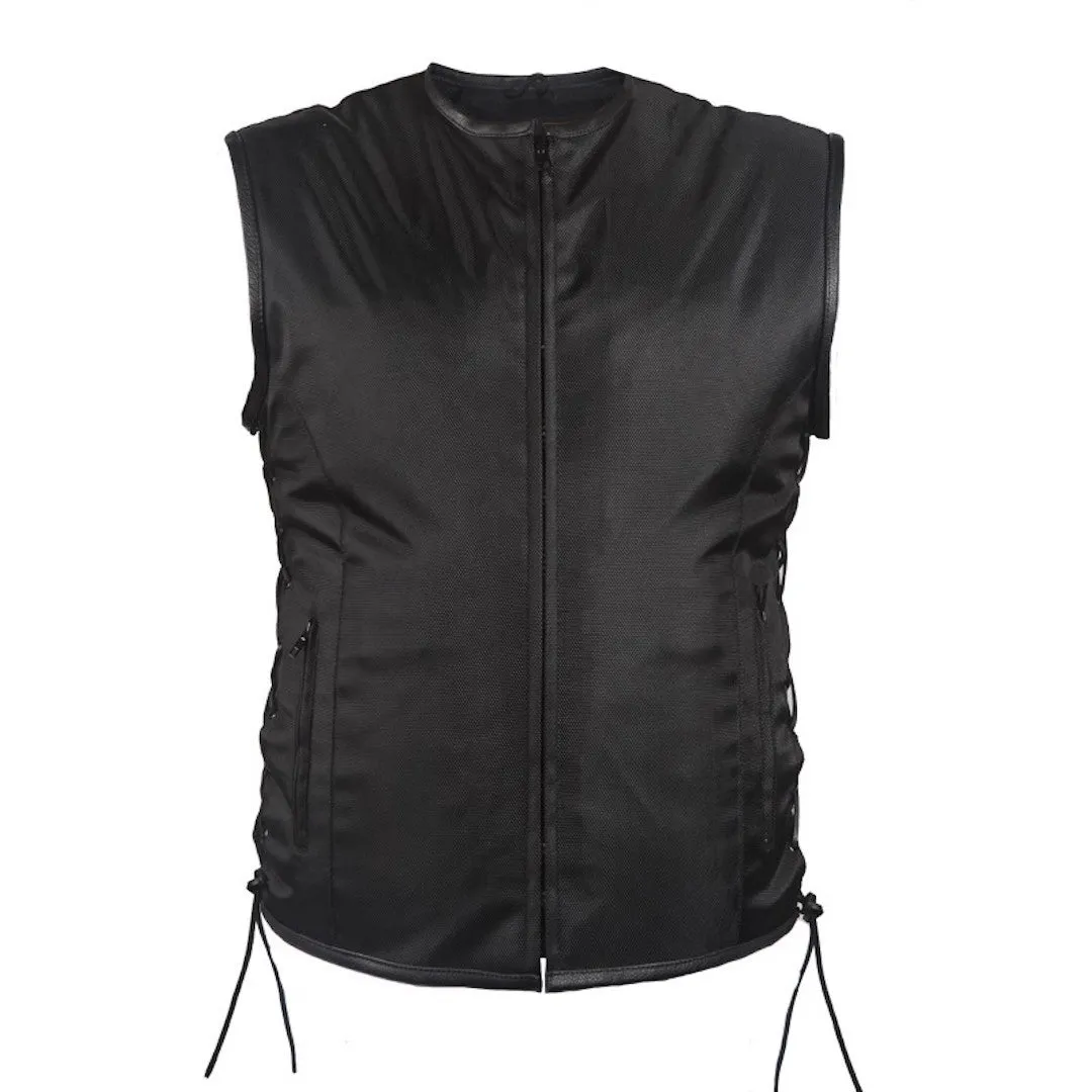 Mens Nylon Textile Motorcycle Vest With Leather Trim And Gun Pocket