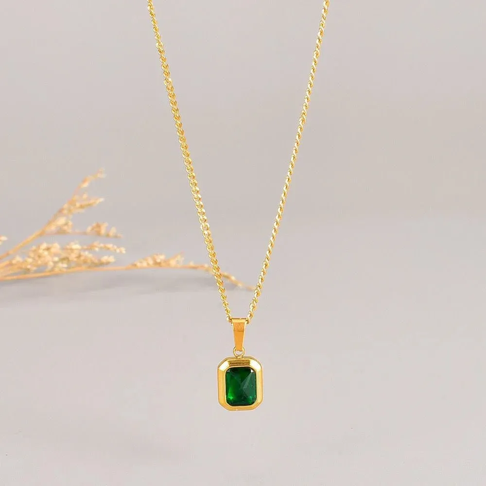 OIMG 316L Stainless Steel Gold Plated Emerald Zirconia Geometric Square Pendant Necklace For Women Girls Temperament Jewelry