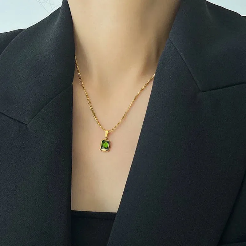 OIMG 316L Stainless Steel Gold Plated Emerald Zirconia Geometric Square Pendant Necklace For Women Girls Temperament Jewelry