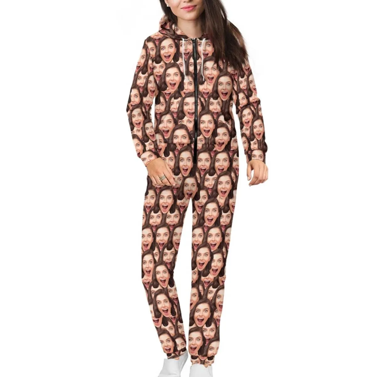 Personalized Adults Zip Onesie Custom Seamless Face Unisex Hooded Onesie with Pocket Jumpsuits One-piece Pajamas