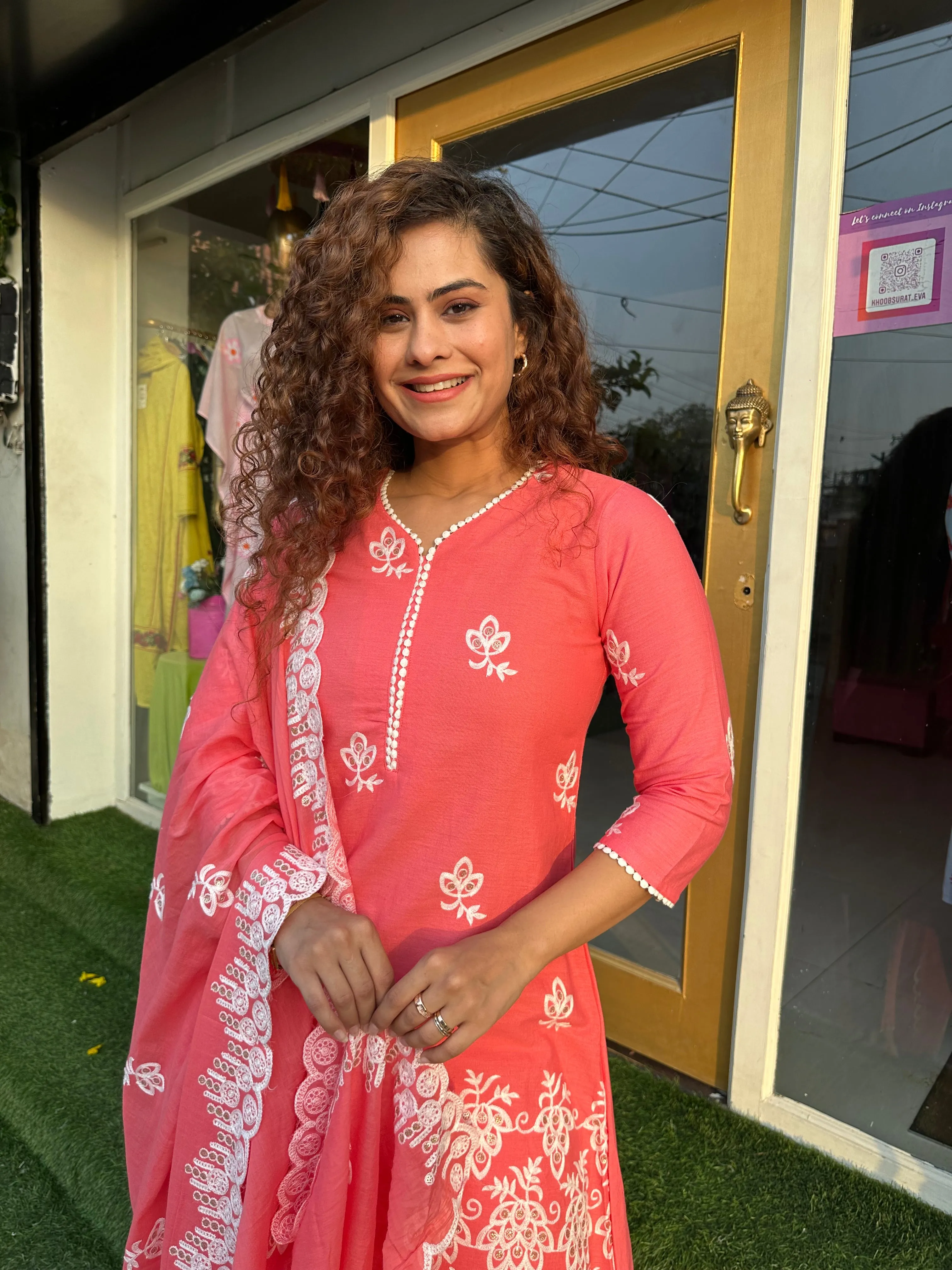 Pink and White Embroidered Cotton Kurta Suit Set