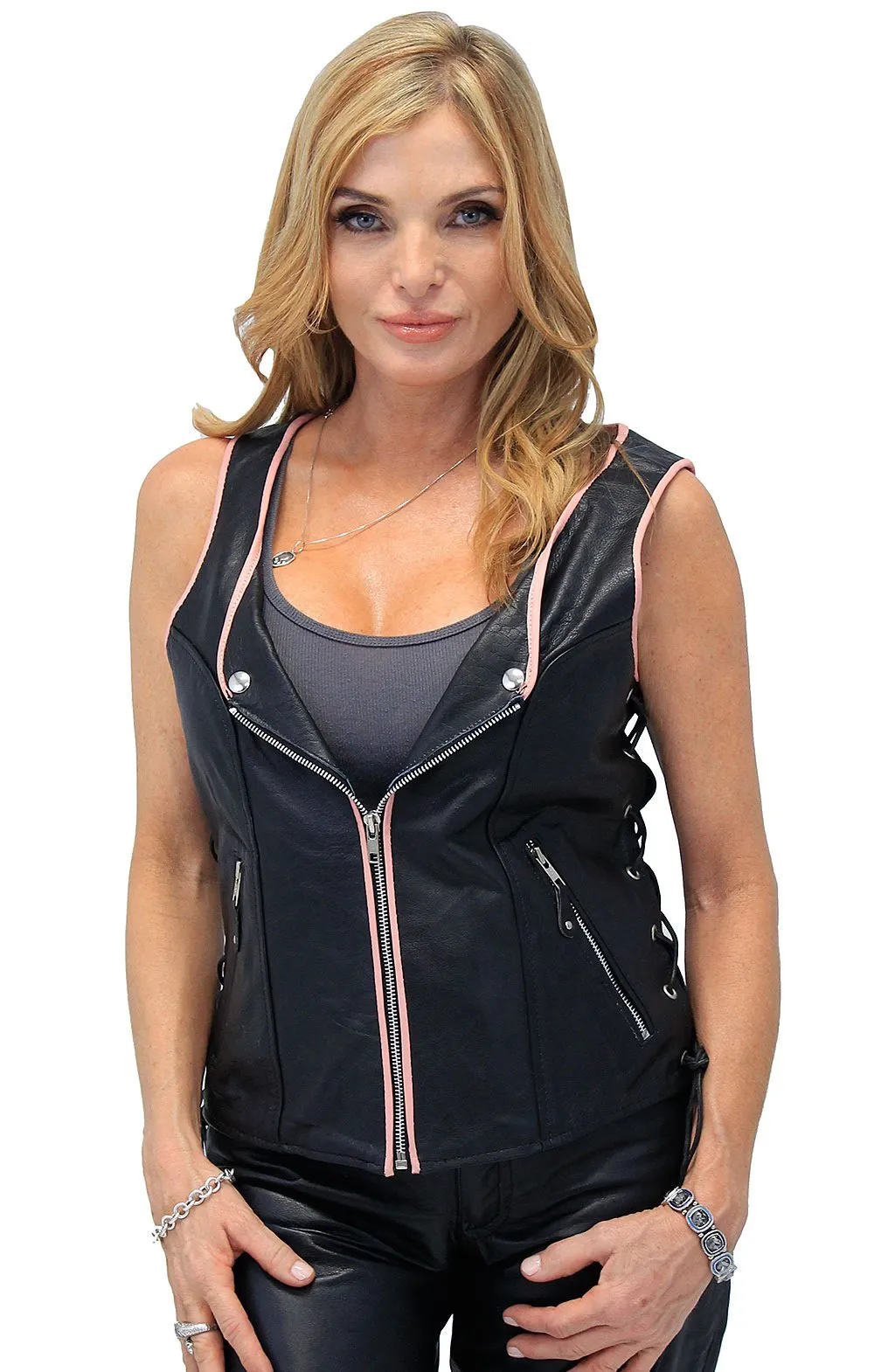 Pink Trim Side Lace Zipper Vest #VL685422LP ()