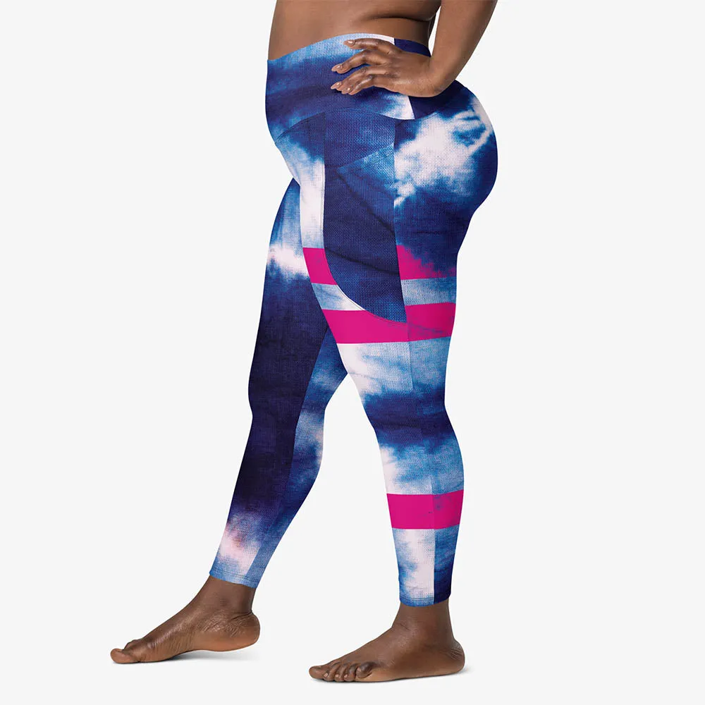 Recycled Printed Leggings "Tie Dye Stripe" Blue/Magenta with Pockets