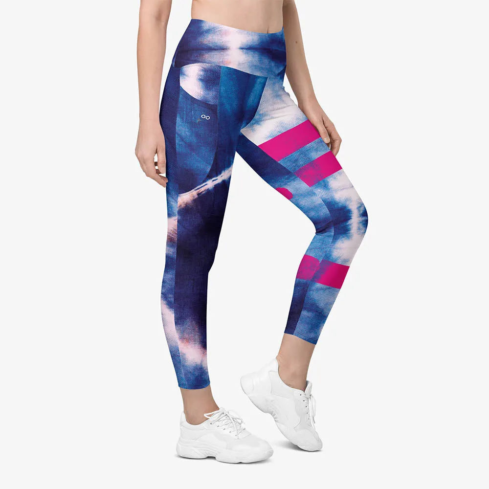 Recycled Printed Leggings "Tie Dye Stripe" Blue/Magenta with Pockets