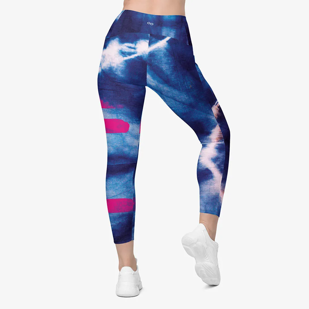 Recycled Printed Leggings "Tie Dye Stripe" Blue/Magenta with Pockets