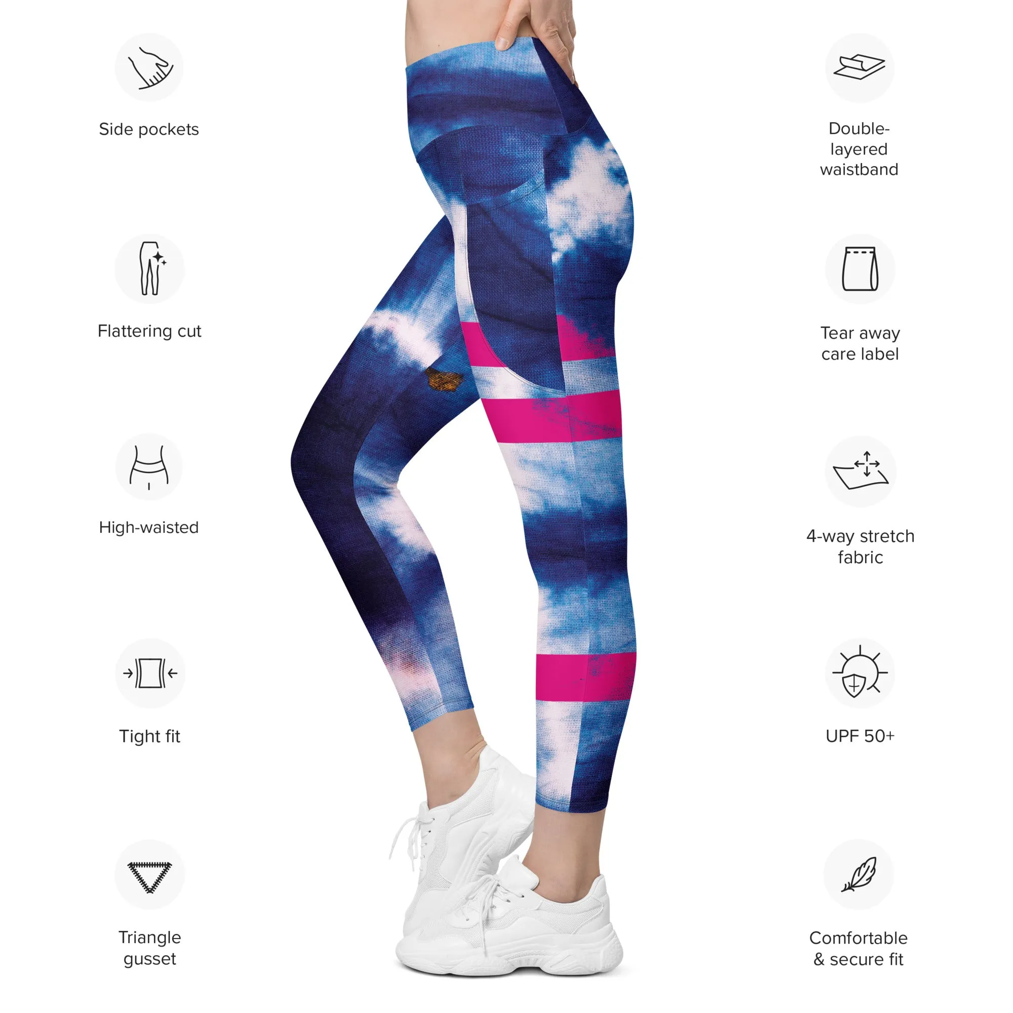 Recycled Printed Leggings "Tie Dye Stripe" Blue/Magenta with Pockets