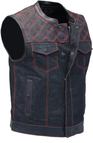 Red Stitch Denim Leather Quilt Concealed Pockets Vest #VM6678DGQR