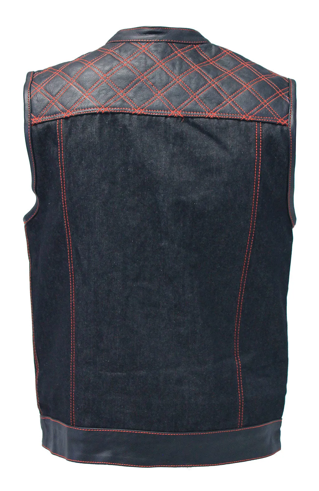 Red Stitch Denim Leather Quilt Concealed Pockets Vest #VM6678DGQR