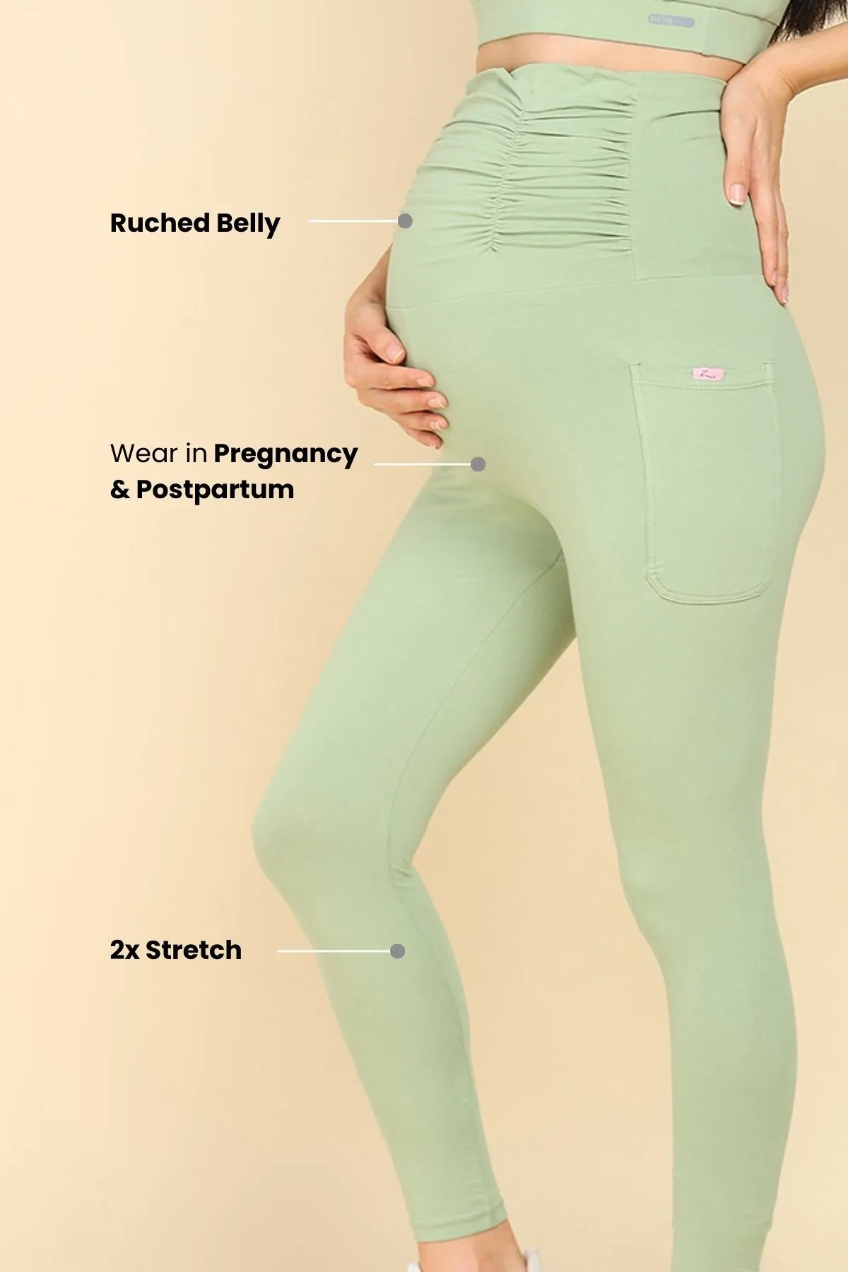 Ruched Cotton Pistachio Green Maternity Legging (Pregnancy & Postpartum)