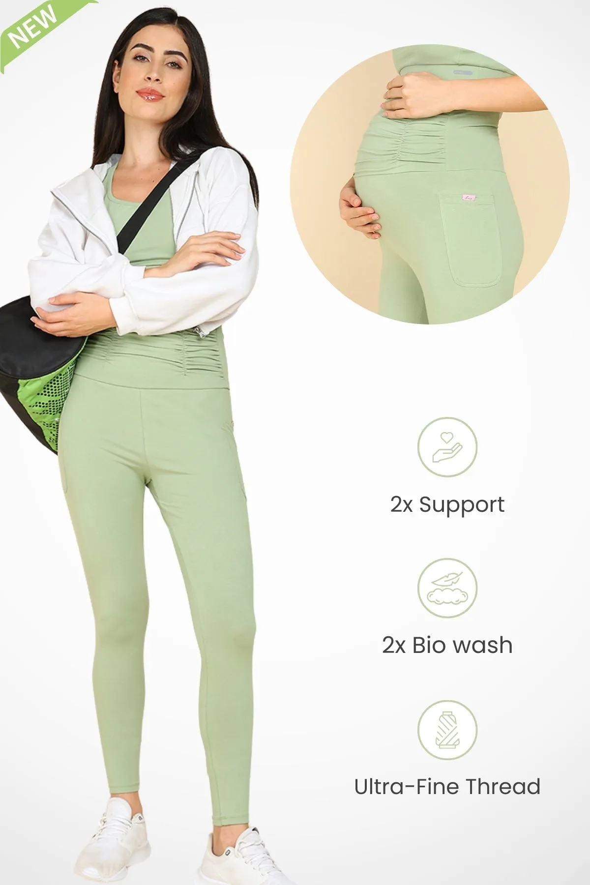 Ruched Cotton Pistachio Green Maternity Legging (Pregnancy & Postpartum)