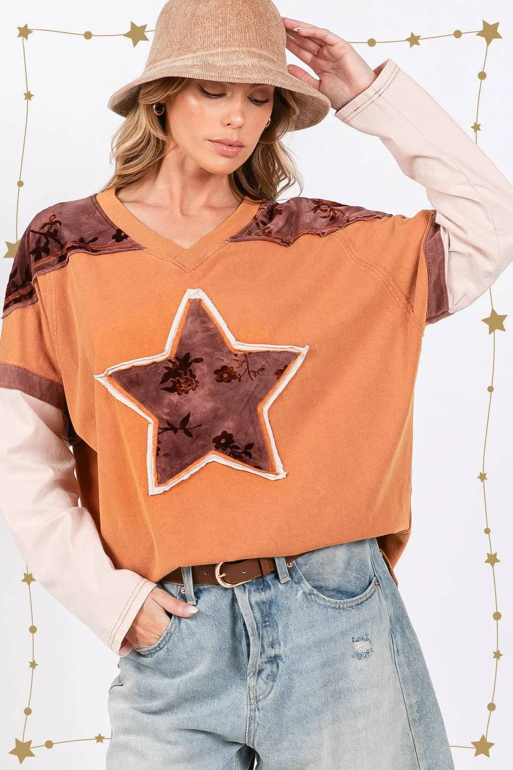 SAGE   FIG Star Patch Long Sleeve Color Block T-Shirt