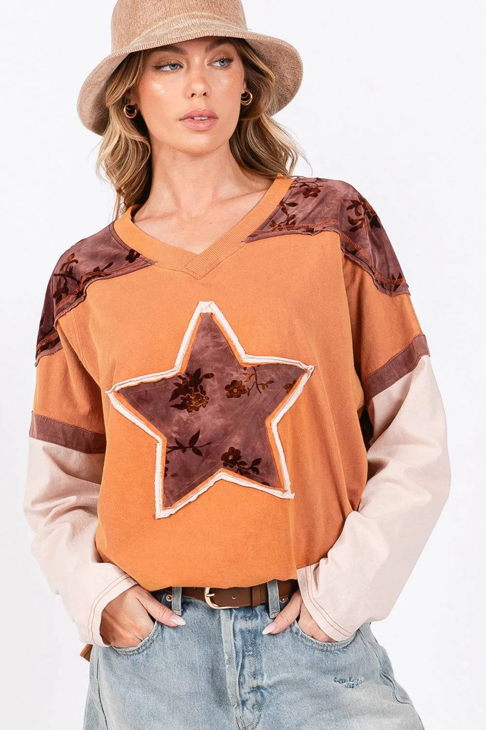 SAGE   FIG Star Patch Long Sleeve Color Block T-Shirt