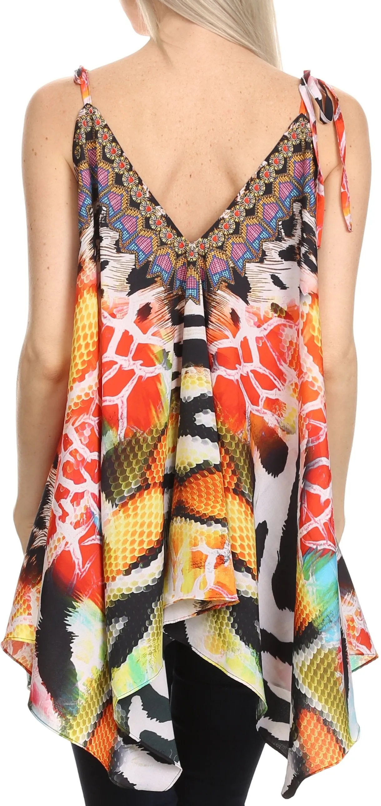 Sakkas Nasreen Sleeveless Printed V-Neck Tank Trapeze Caftan Adjustable Straps